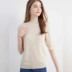 NWT Liny Xin Cream 100% Merino Wool Sweater Sz.XL Half Sleeve Mock Neck Cozy